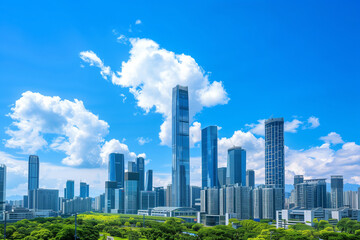 Fototapeta premium Skyscrapers Reaching into a Bright Blue Sky with White Clouds on a Sunny Day