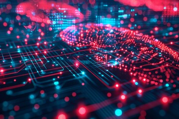 Obraz premium Digital Brain on Circuit Board in Neon Light