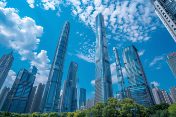 Obraz premium Skyscrapers Reaching into a Bright Blue Sky with White Clouds on a Sunny Day