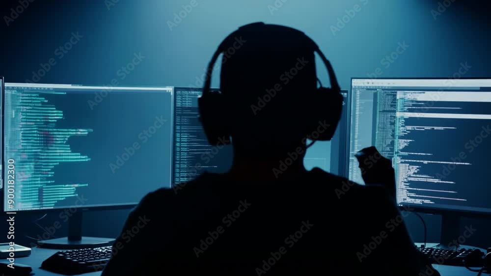 Wall mural anonymous hacker's hands in a dark room, tapping on a modern computer's keyboard