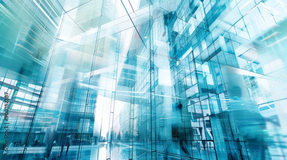 Poster Abstract view of a high-tech glass building with reflections and light effects. Symbolizes modern architecture, engineering, and technological advancement.
