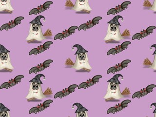 Halloween seamless pattern. illustration of Halloween party.Ghost cute,bat,pumpkin,witch,spider,hand drawn on background colorful.