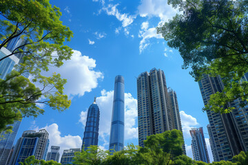 Obraz premium Skyscrapers Reaching into a Bright Blue Sky with White Clouds on a Sunny Day