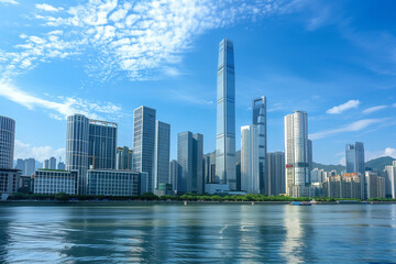 Fototapeta premium Skyscrapers Reaching into a Bright Blue Sky with White Clouds on a Sunny Day