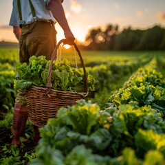 Fototapeta premium Sunset Harvest: Farmer Collecting Fresh Lettuce in a Basket on a Lush Farm