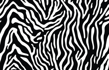 Zebra skin, stripes pattern. Animal print, black and white detailed and realistic texture. Monochrome seamless background. Vector 