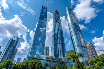 Fototapeta premium Skyscrapers Reaching into a Bright Blue Sky with White Clouds on a Sunny Day