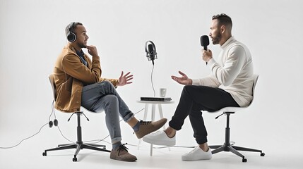 Obraz premium Two men engaged in a podcast recording session, with one speaking into a microphone and the other wearing headphones. 