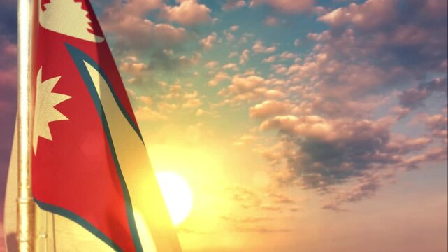 Nepal waving flag on beautiful sundown backdrop