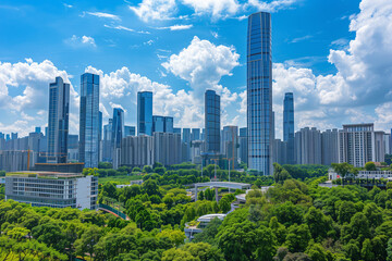 Naklejka premium Skyscrapers Reaching into a Bright Blue Sky with White Clouds on a Sunny Day