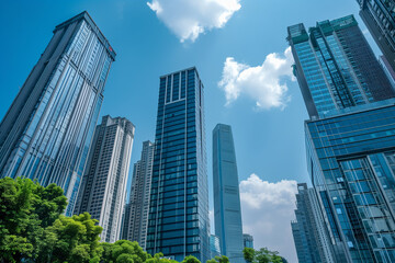 Skyscrapers Reaching into a Bright Blue Sky with White Clouds on a Sunny Day