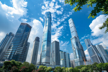 Naklejka premium Skyscrapers Reaching into a Bright Blue Sky with White Clouds on a Sunny Day