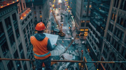 Construction Engineer on Scaffolding Reviewing Blueprints, City Street Below