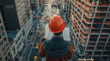 Fototapeta premium Construction Engineer on Scaffolding Reviewing Blueprints, City Street Below