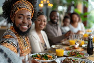 Fototapeta premium A joyful gathering of a multicultural family sharing a meal. The focus is on a smiling person in traditional attire, while other family members enjoy the diverse dishes on the table. 