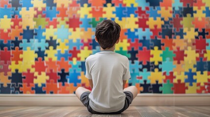 A young boy on the autism spectrum sits with his back to a colorful puzzle wall, symbolizing the complexities and beauty of neurodiversity.