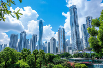 Naklejka premium Skyscrapers Reaching into a Bright Blue Sky with White Clouds on a Sunny Day