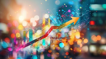 Upward arrow symbolizing business growth and development with a vibrant urban cityscape in the background. The colorful scene highlights progress and success in a modern business environment.