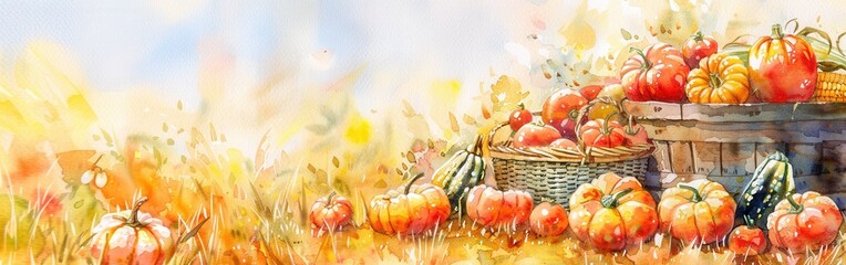 A watercolor painting depicts a variety of pumpkins and gourds scattered throughout a field. Some are arranged in baskets and barrels, while others sit on the ground, surrounded by lush green foliage.