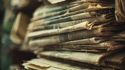 Fototapeta premium Pile of old newspapers, selective focus