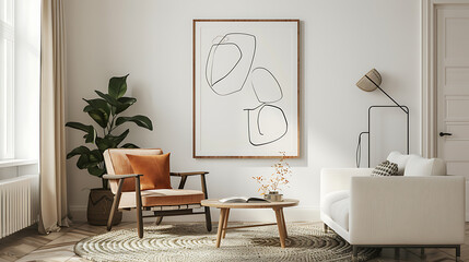 Picture frame with line art by a reading coffee table in a living room