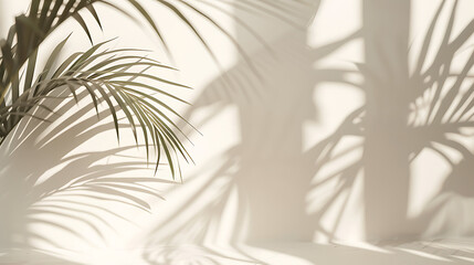 Obraz premium Palm leaf shadows on white wall and cream pastel floor. Abstract background of shadows palm leaves for creative summer mock-up. Neutral tropical palm mockup on light backdrop. Vertical