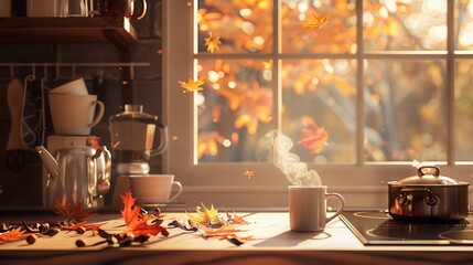 A warm kitchen with sunlight streaming in through a window. The kitchen is decorated with fall leaves scattered on the counter, and a mug of steaming coffee sits in the foreground. A covered pot sits 