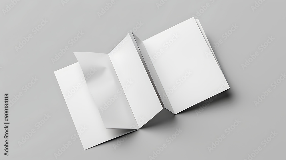 Poster open and closed blank brochures on grey background, top view. mock up for design