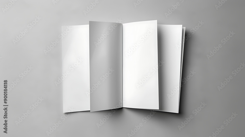 Poster open and closed blank brochures on grey background, top view. mock up for design