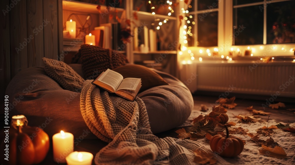 Poster a warm and inviting space with a book resting on a cozy beanbag chair, surrounded by blankets and li