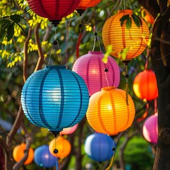 Obraz premium Multicolored paper lanterns hanging from trees in a park, symbolizing unity.