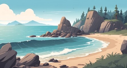 coast with rocky shore landscape flat cartoon style illustration design background copy space backdrop