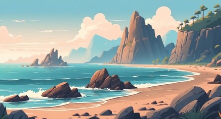 coast with rocky shore landscape flat cartoon style illustration design background copy space backdrop