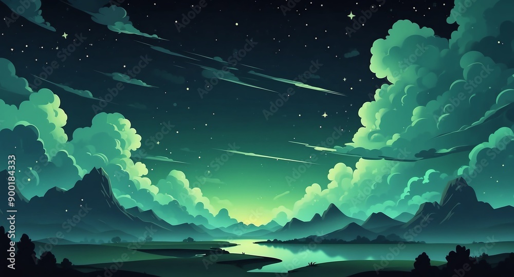 Canvas Prints green night cloud sky with stars landscape flat cartoon style illustration design background copy space backdrop