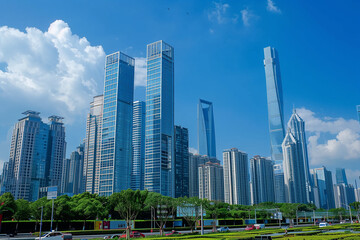 Fototapeta premium Skyscrapers Reaching into a Bright Blue Sky with White Clouds on a Sunny Day