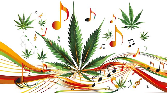 Stylized Cannabis Leaf Surrounded by Vibrant Musical Notes