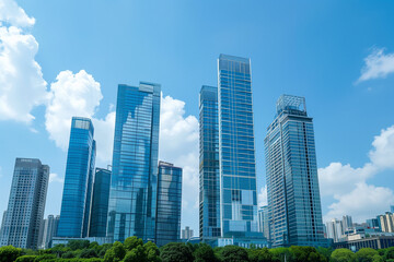 Fototapeta premium Skyscrapers Reaching into a Bright Blue Sky with White Clouds on a Sunny Day
