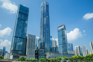 Skyscrapers Reaching into a Bright Blue Sky with White Clouds on a Sunny Day