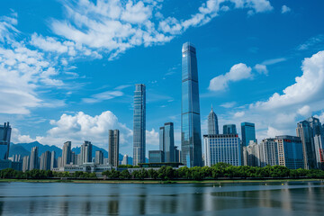 Obraz premium Skyscrapers Reaching into a Bright Blue Sky with White Clouds on a Sunny Day