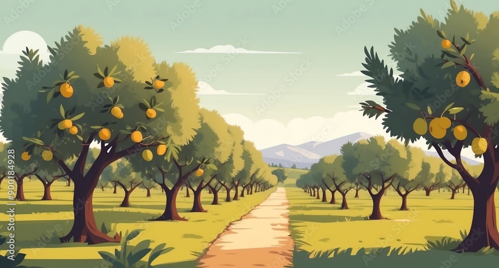 Canvas Prints orchard with ripe olive landscape flat cartoon style illustration design background copy space backdrop