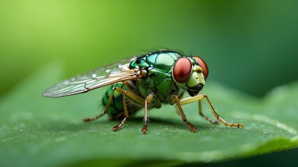 Naklejka premium A green fly insect resting on a blurred green leaf background is seen in this macro portrait. AI-produced