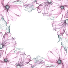 Vintage frame with delicate pink and white flowers. An elegant wedding card. Hand-made watercolor illustration. For greeting and invitation cards, banners, flyers and posters, packaging, labels.