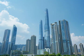 Fototapeta premium Skyscrapers Reaching into a Bright Blue Sky with White Clouds on a Sunny Day