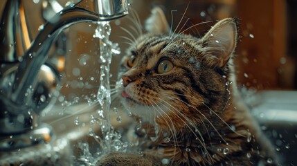 A curious cat mesmerized by sparkling water droplets from a kitchen faucet, showcasing playful and vibrant moments of feline exploration.