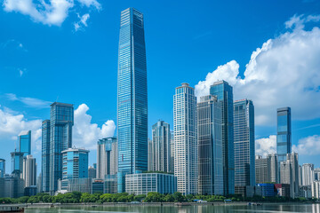 Skyscrapers Reaching into a Bright Blue Sky with White Clouds on a Sunny Day