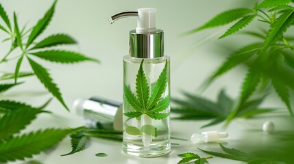 Transparent Pump Bottle Of Cannabis Lotion With Leaf