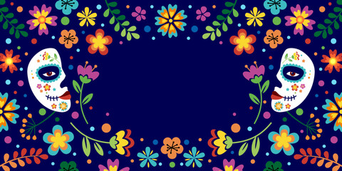 Hispanic heritage month background. Vector web banner, poster, card for social media, networks. Greeting with national Hispanic heritage month, floral pattern and Calavera mask on black background.