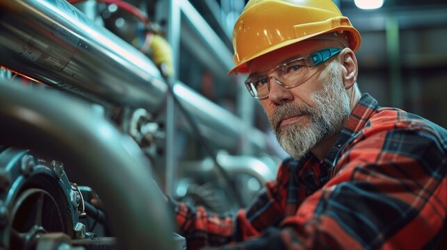 A focused engineer inspects machinery with safety gear in a modern industrial setting, showcasing expertise and precision.