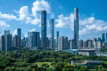 Obraz premium Skyscrapers Reaching into a Bright Blue Sky with White Clouds on a Sunny Day