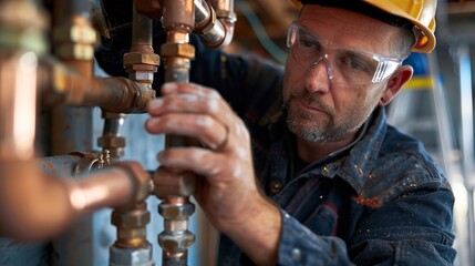 A skilled plumber installing copper pipes, demonstrating expertise in plumbing and craftsmanship in a construction environment.